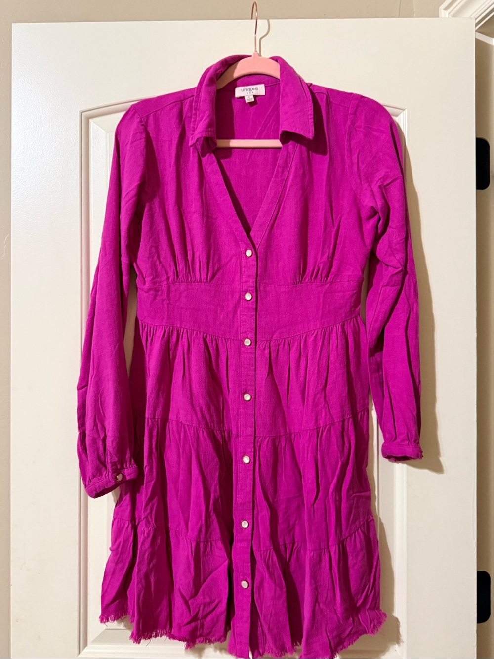 Umgee Fuchsia Button-Front Tiered Long Sleeve Dress NWOT